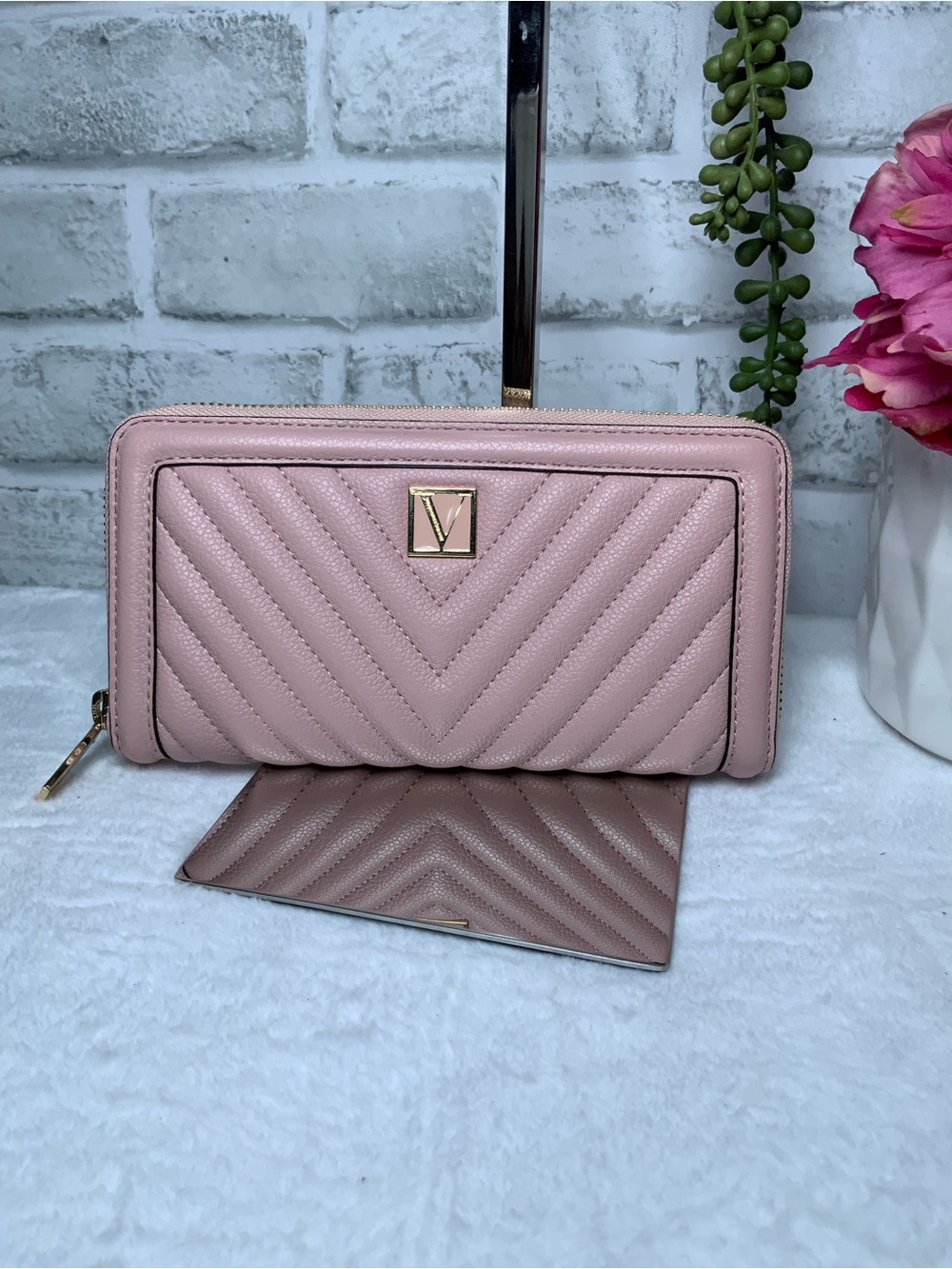 Victoria's Secret Quilted Zip Wallet - Pink with Gold V